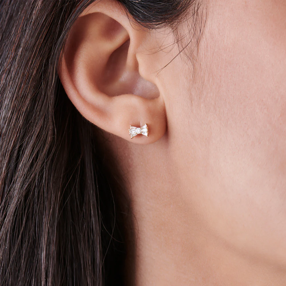 14k Baguette and Round Diamond Bow Stud Earrings - Image 4