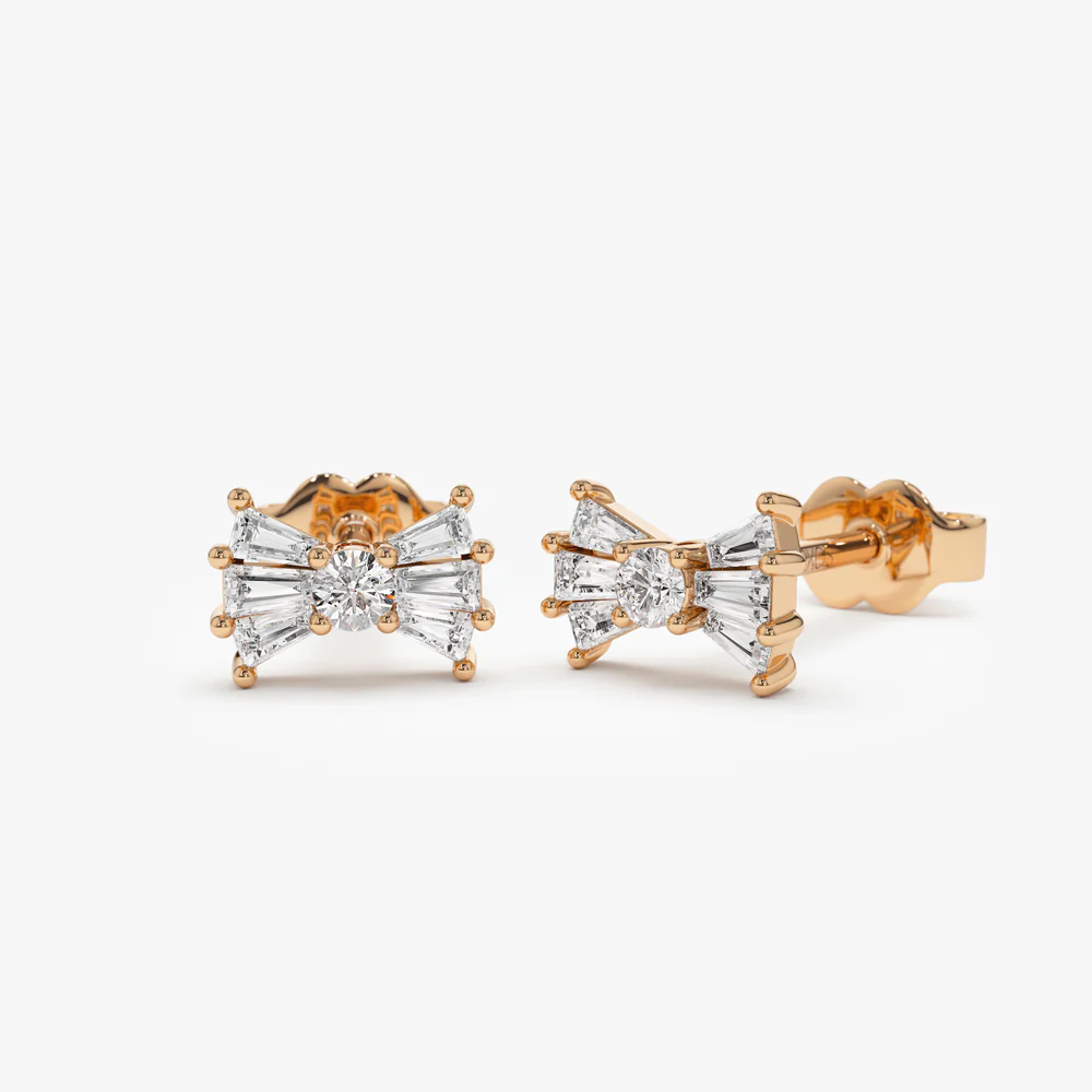 14k Baguette and Round Diamond Bow Stud Earrings - Image 5