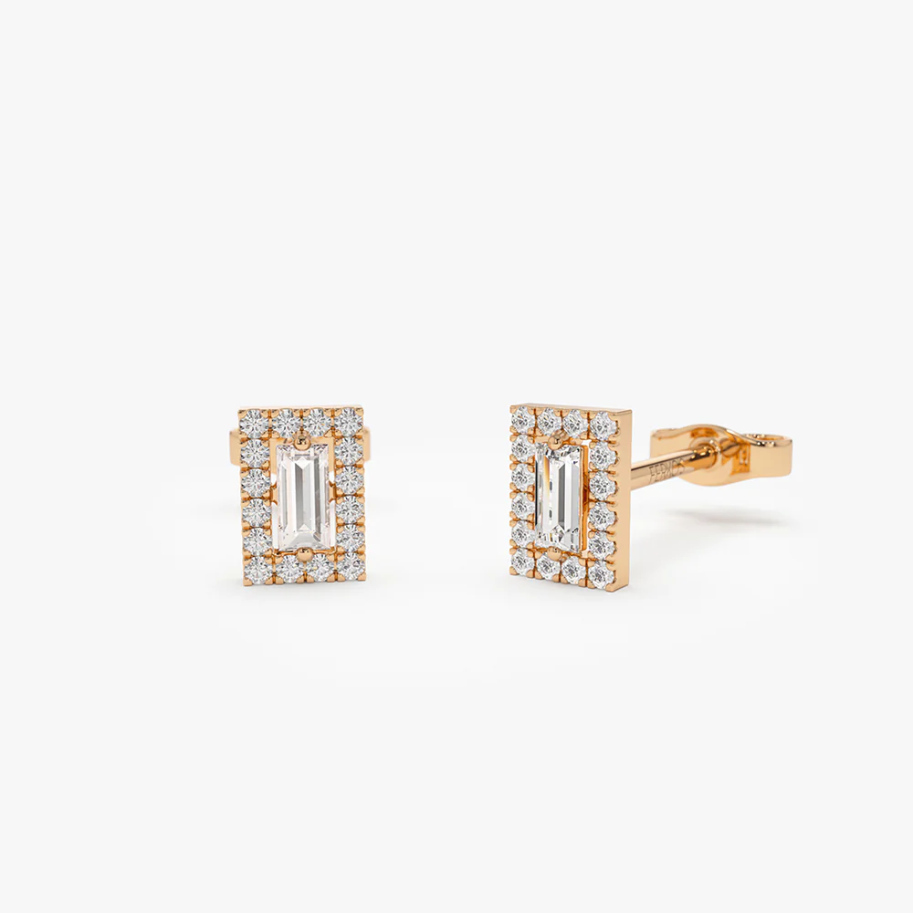 14k Baguette Diamond Halo Setting Diamond Studs - Image 4