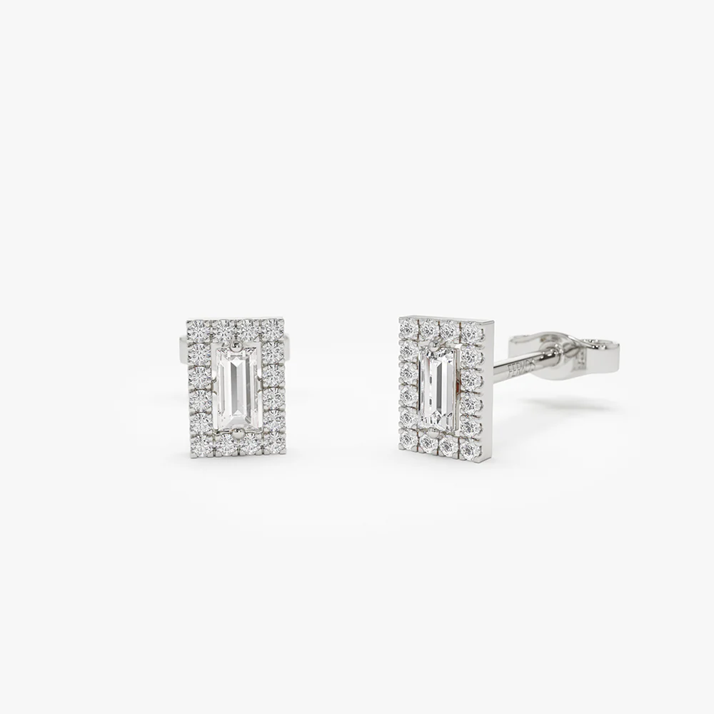 14k Baguette Diamond Halo Setting Diamond Studs - Image 5