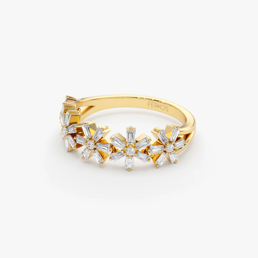 14K Baguette Diamond Multi Flower Design Ring - Image 10