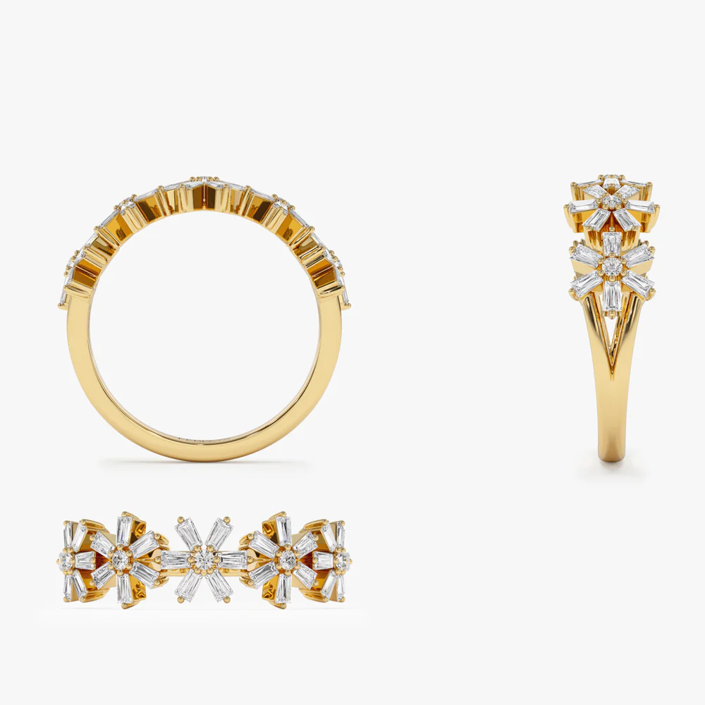 14K Baguette Diamond Multi Flower Design Ring - Image 11