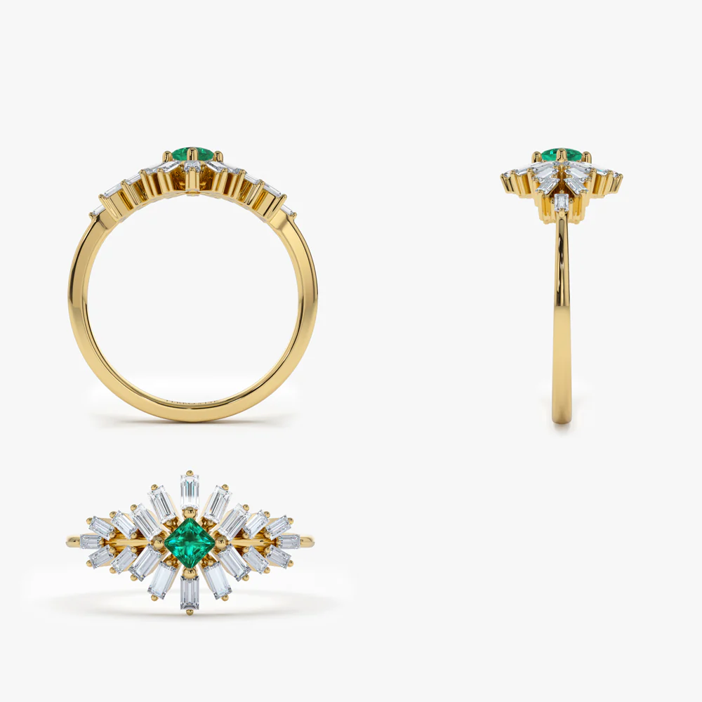 14K Baguette Diamond Ring with a Square Emerald - Image 10