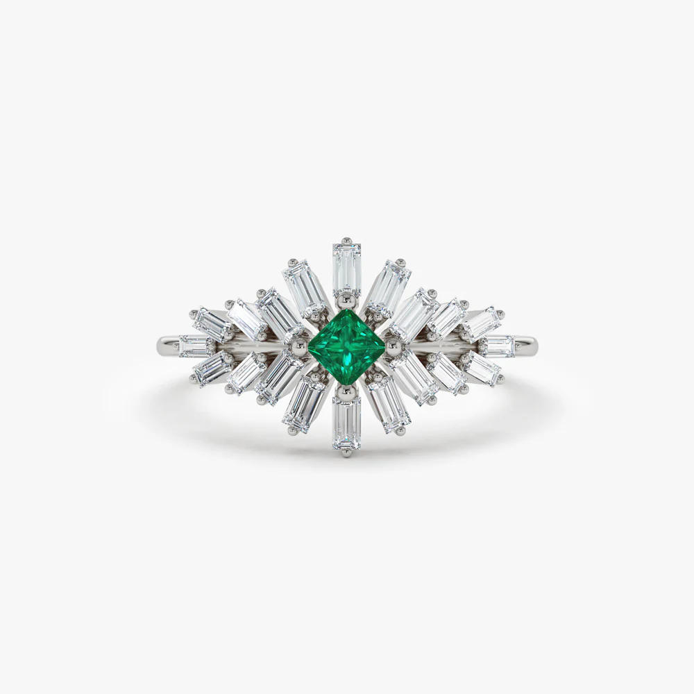 14K Baguette Diamond Ring with a Square Emerald - Image 7