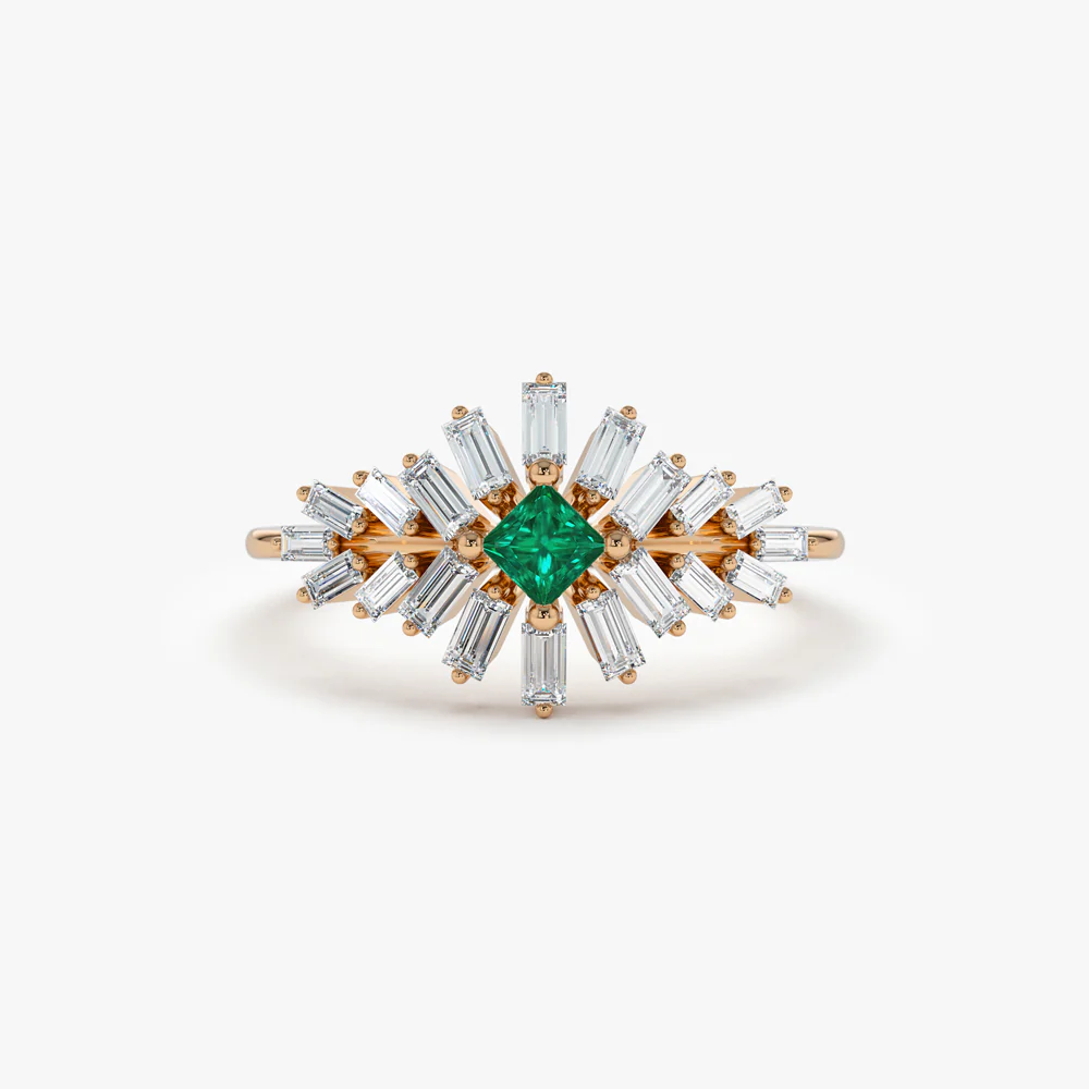 14K Baguette Diamond Ring with a Square Emerald - Image 8