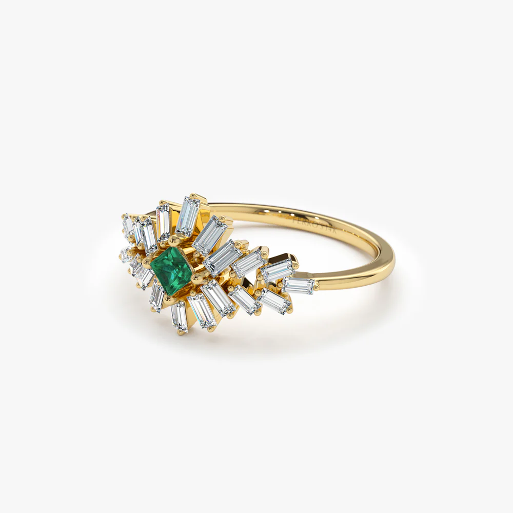 14K Baguette Diamond Ring with a Square Emerald - Image 9