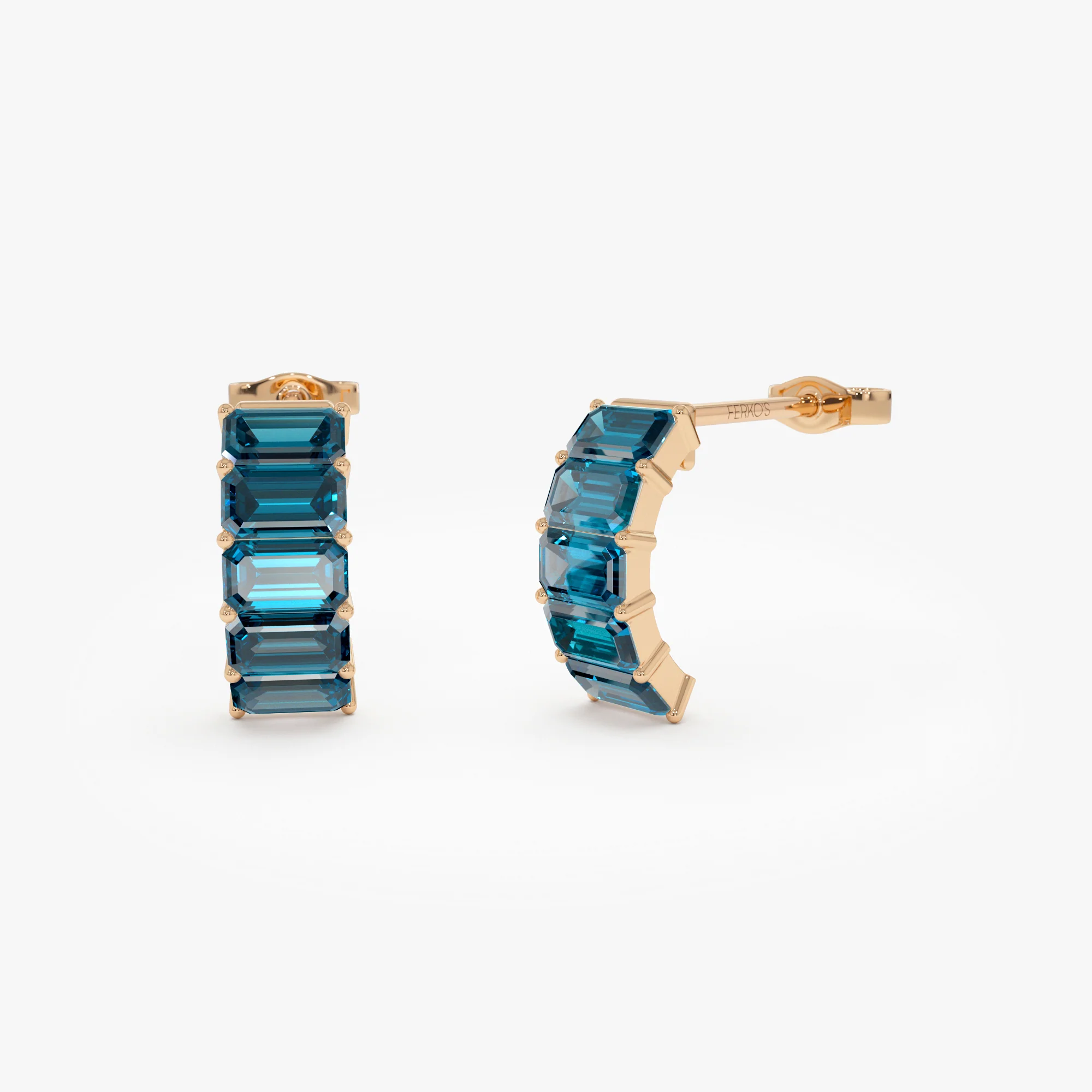 14K Emerald Cut London Blue Topaz  Half Hoop Earrings - Image 5