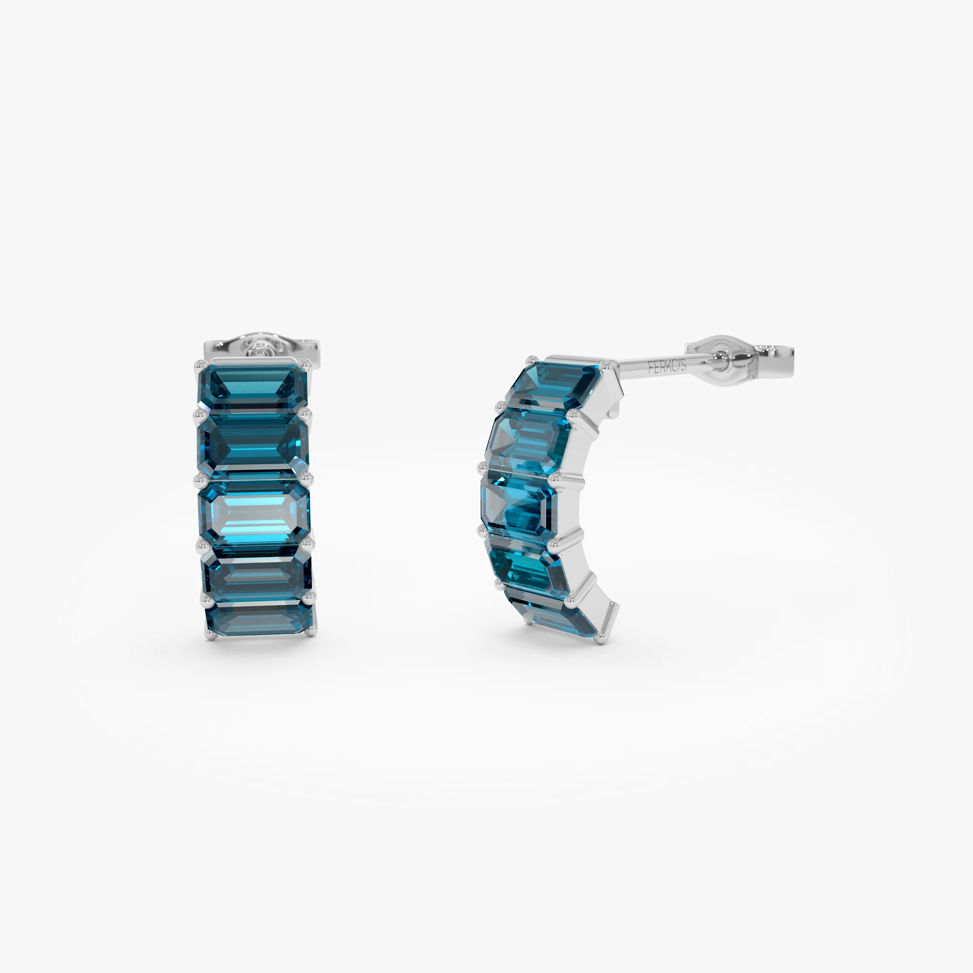 14K Emerald Cut London Blue Topaz  Half Hoop Earrings - Image 6