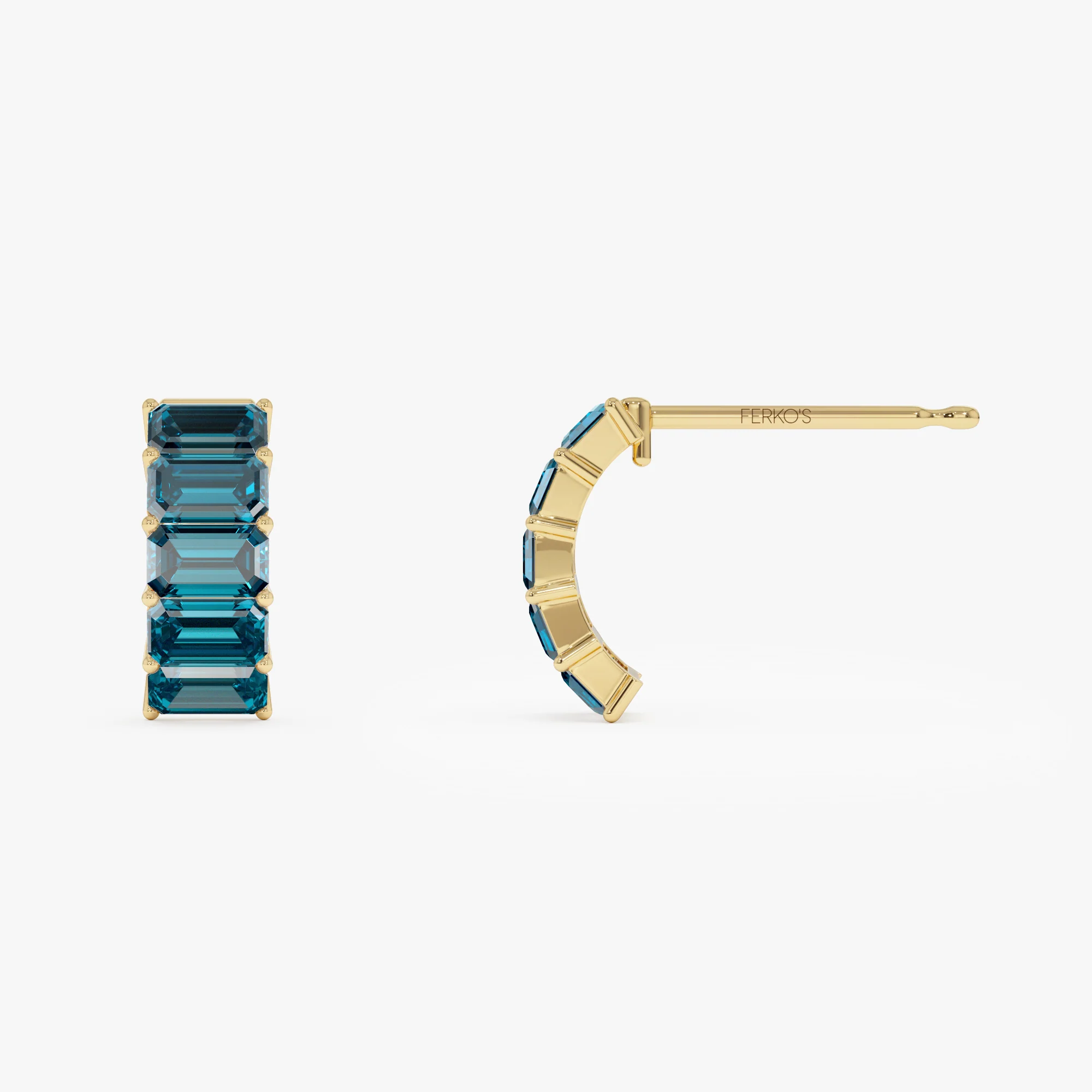 14K Emerald Cut London Blue Topaz  Half Hoop Earrings - Image 7