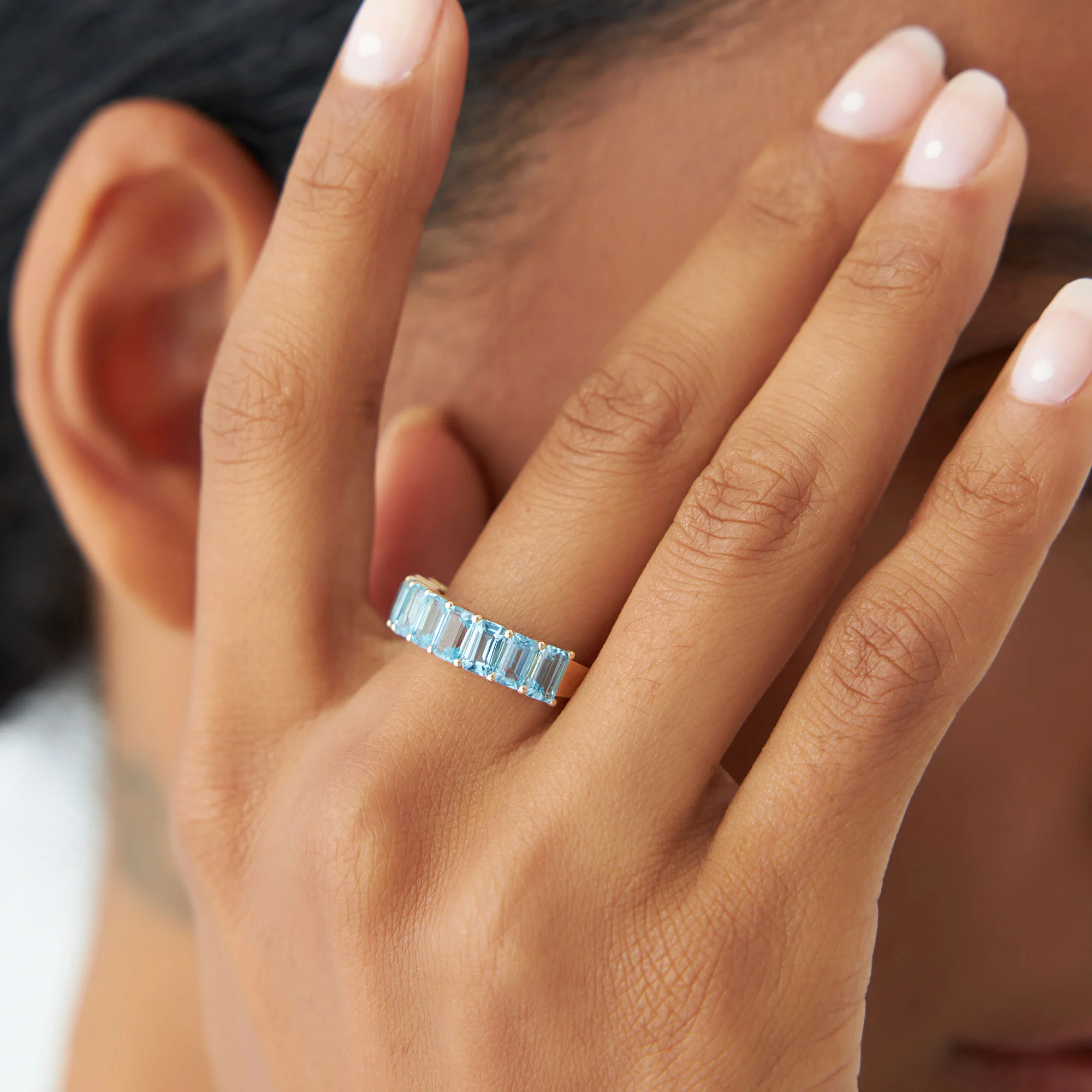 14k Emerald Cut Swiss Blue Topaz Nine Stone Ring 3.00ctw - Image 5