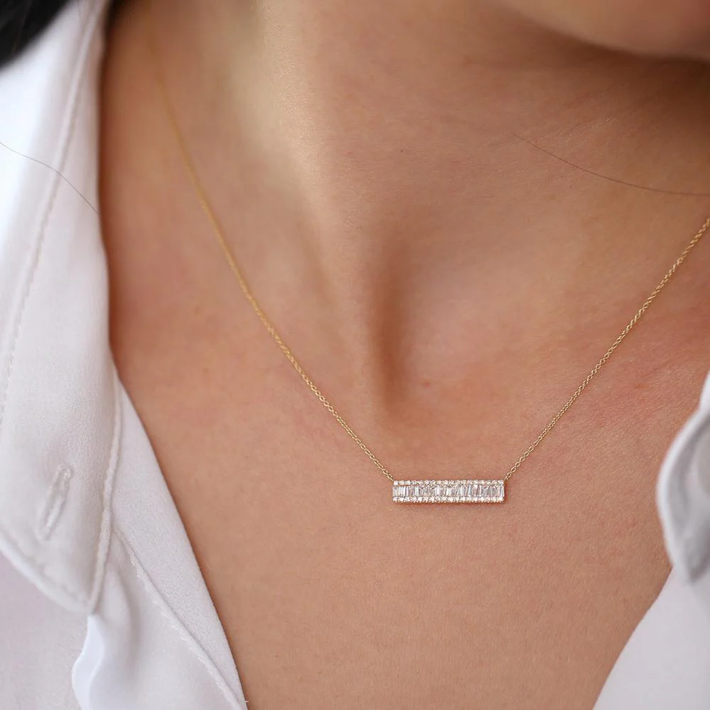 14k Gold Baguette Diamond Horizontal Necklace - Image 3