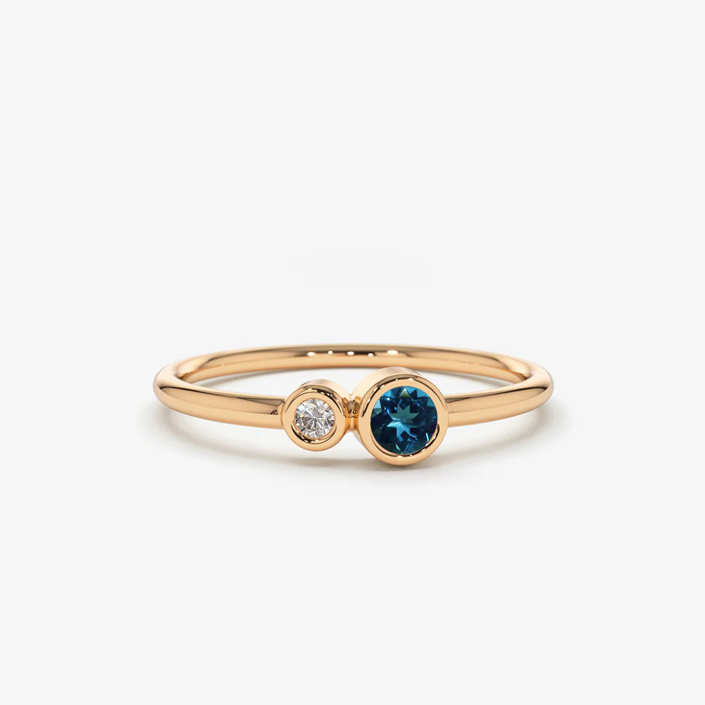 14K Gold Bezel Setting London Blue Topaz and Diamond Ring - Image 4