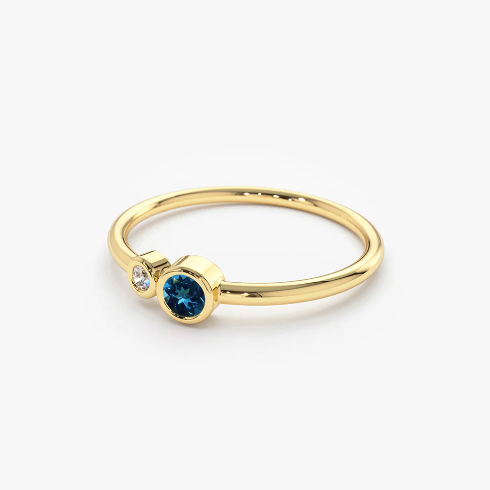 14K Gold Bezel Setting London Blue Topaz and Diamond Ring - Image 6