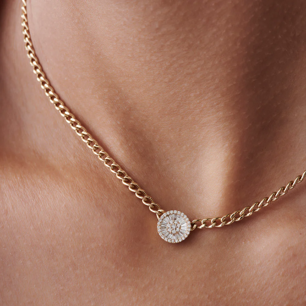 14k Gold Curb Link Baguette Diamond Disc Cluster Necklace - Image 3