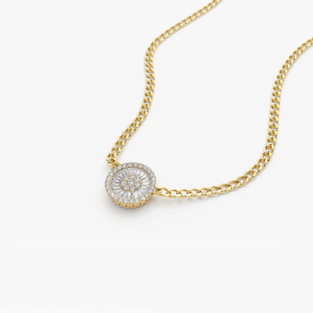 14k Gold Curb Link Baguette Diamond Disc Cluster Necklace - Image 5