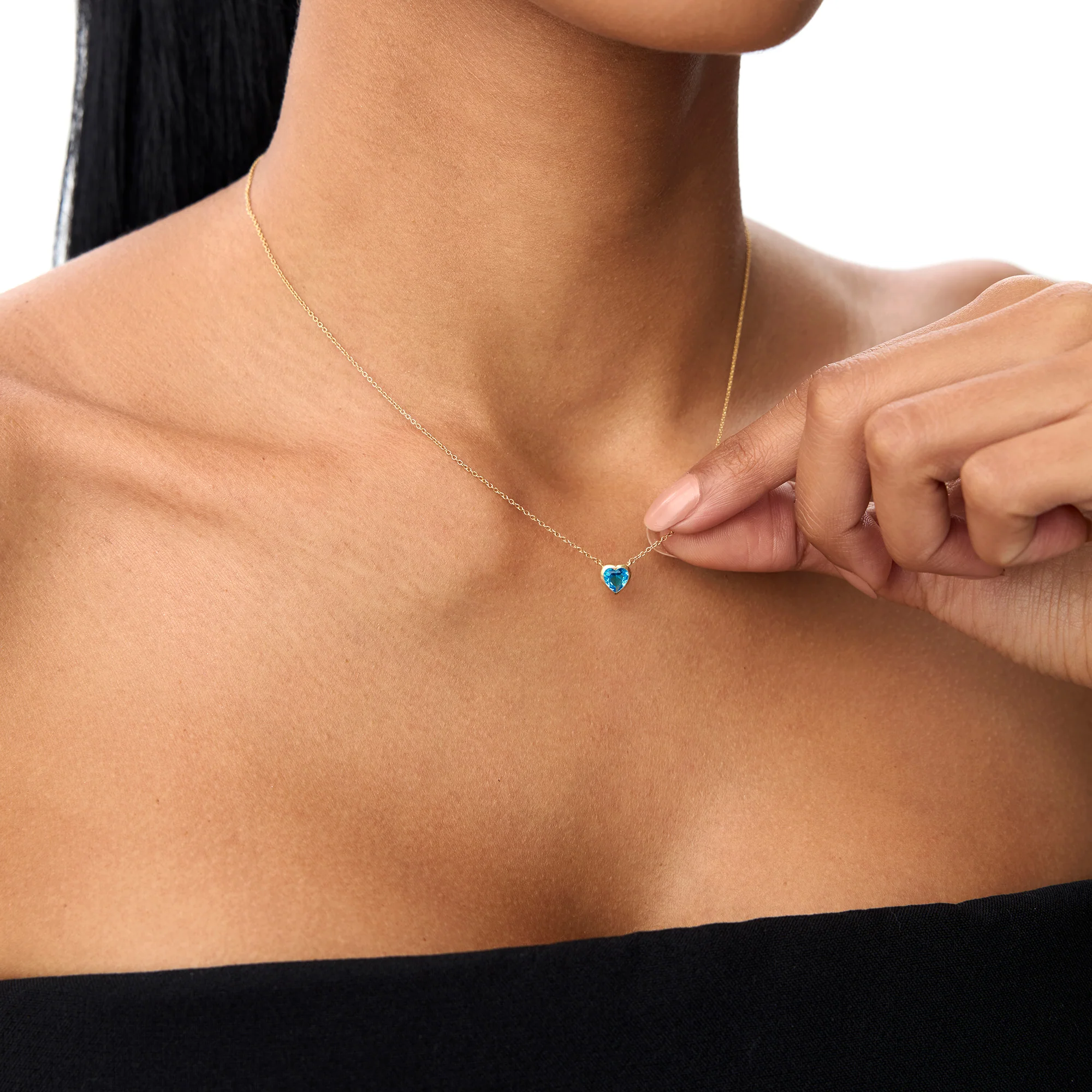 14K Gold Heart Shaped London Blue Topaz Layering Necklace - Image 3