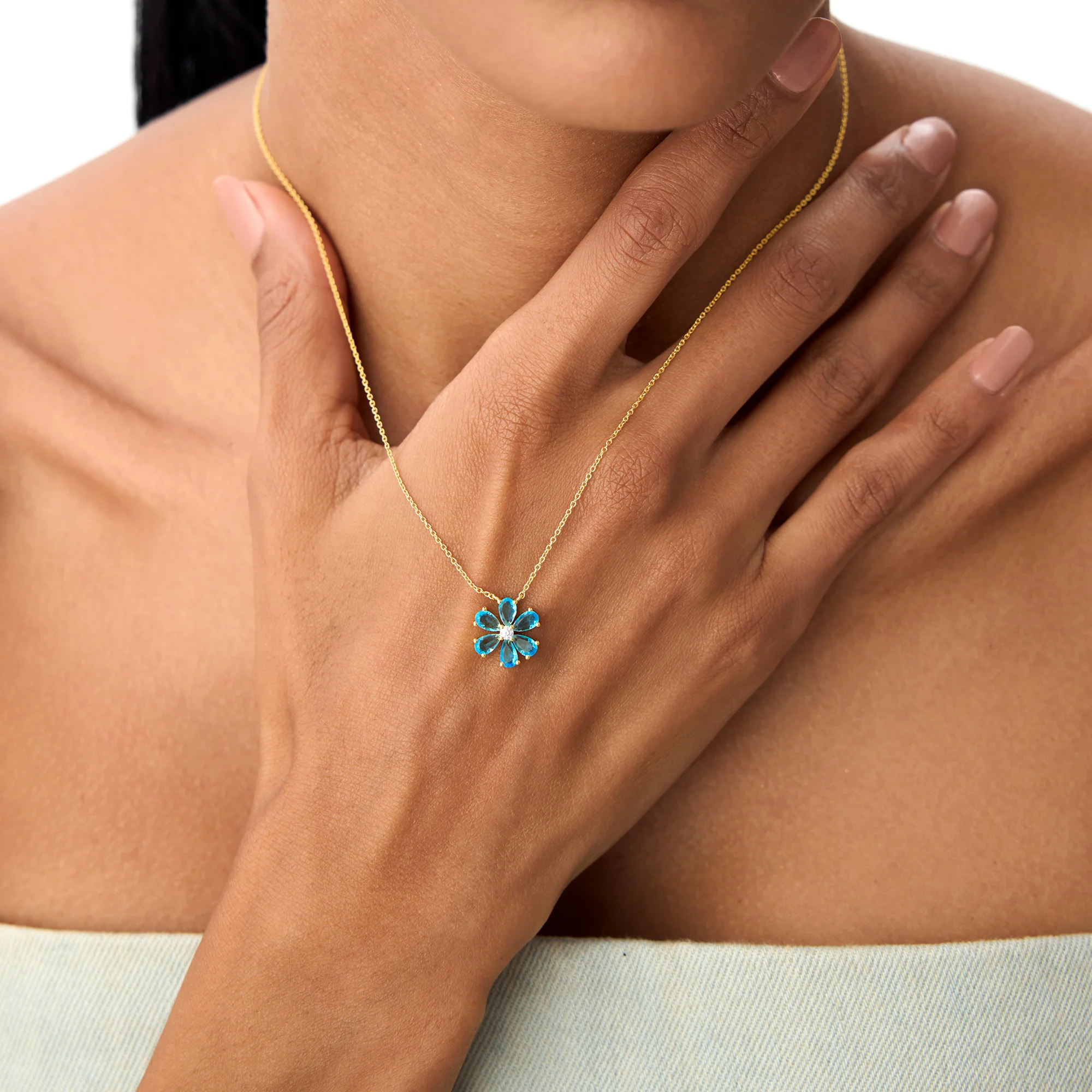 14K Gold London Blue Topaz Flower Necklace - Image 4