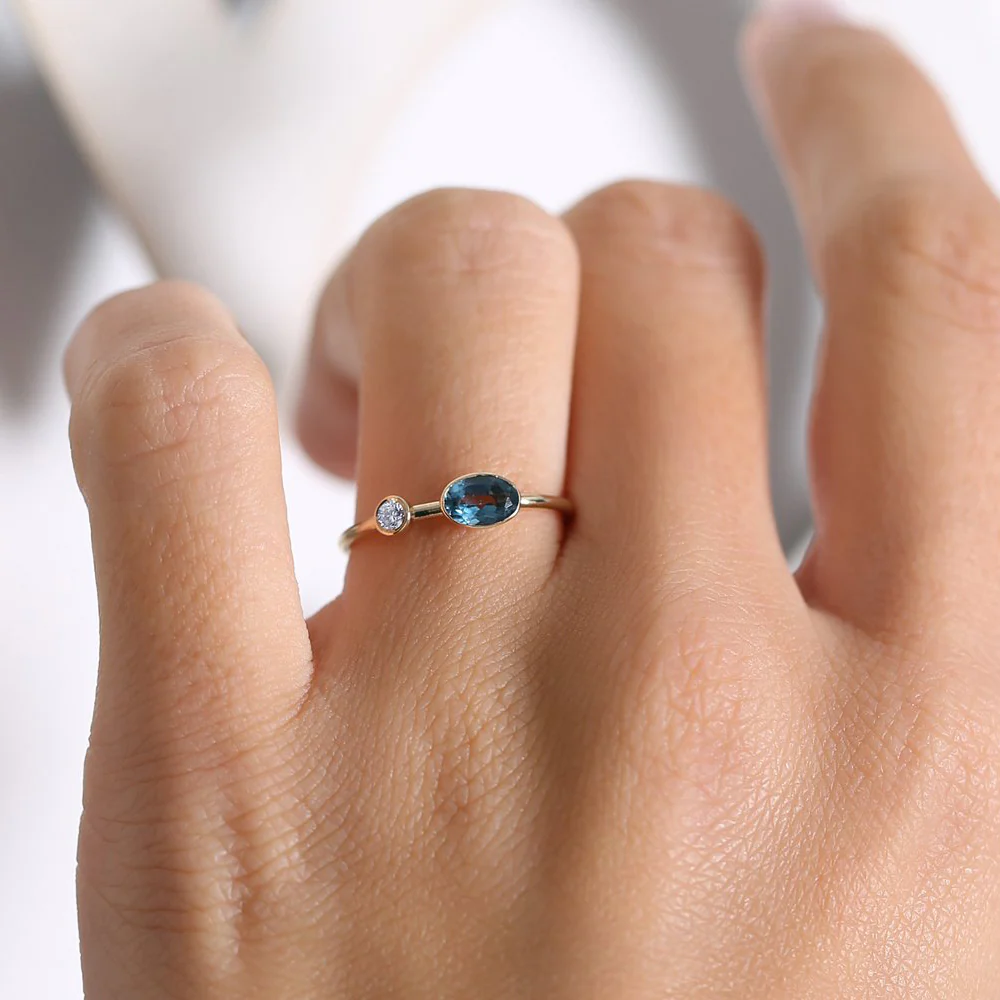 14k Gold Oval London Blue Topaz  and Diamond Ring - Image 3