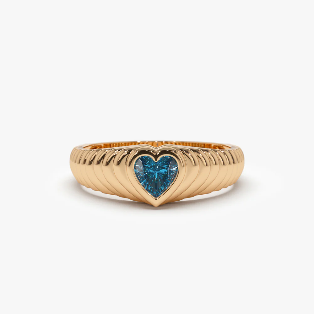 14k Heart Shape Blue Topaz Beveled Ring - Image 5