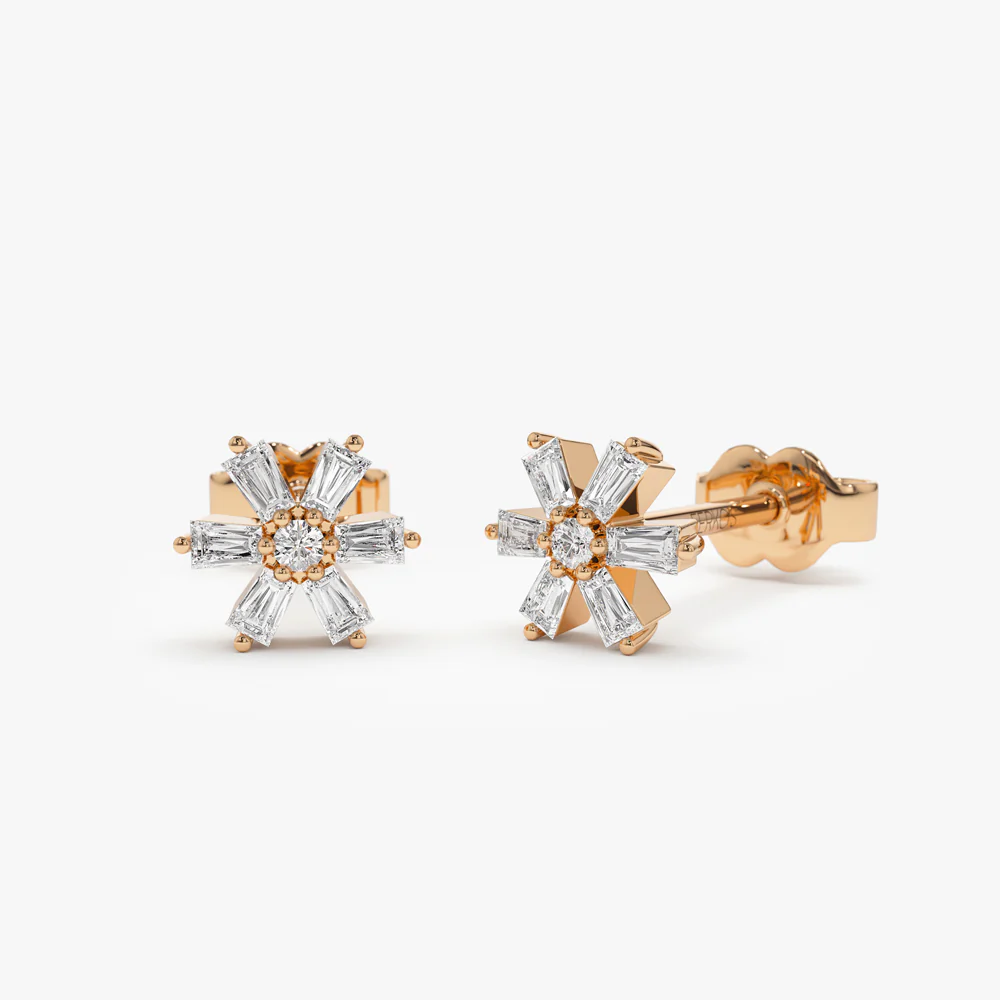 14k Mini Flower Baguette Diamond Earrings - Image 3