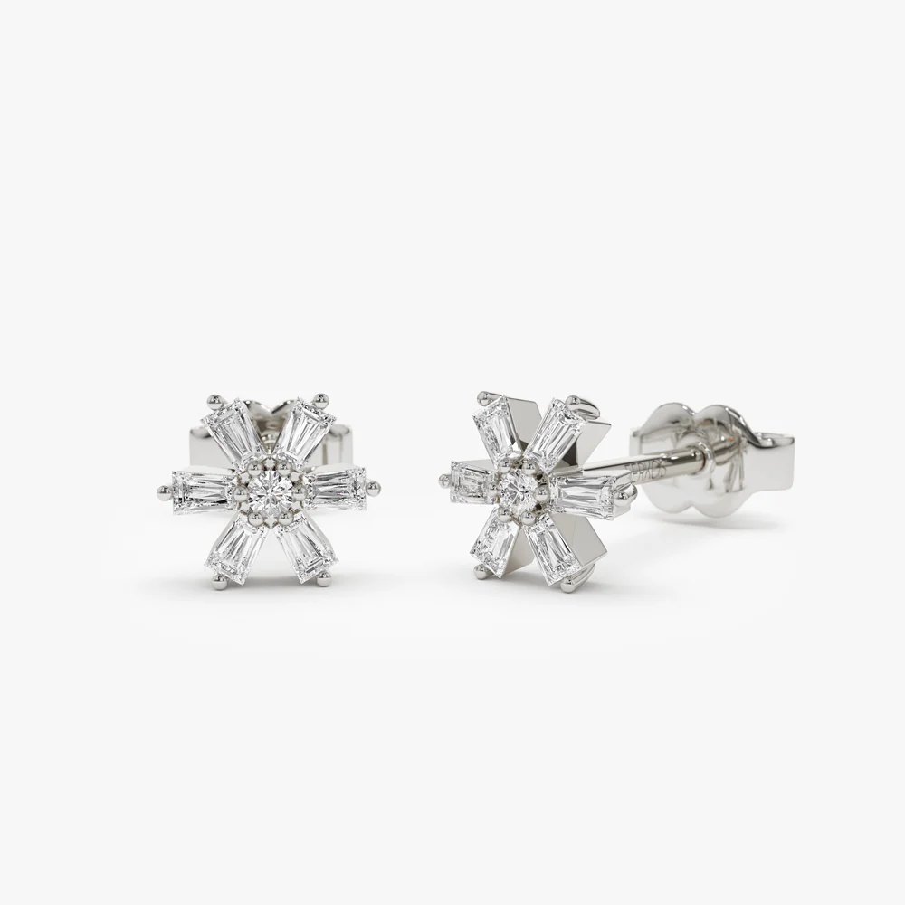 14k Mini Flower Baguette Diamond Earrings - Image 4