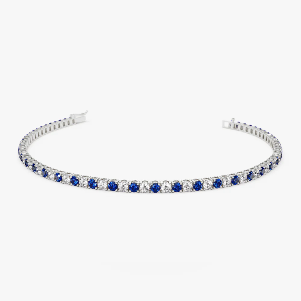 14k Prong Setting Diamond and Sapphire Tennis Bracelet - Image 5
