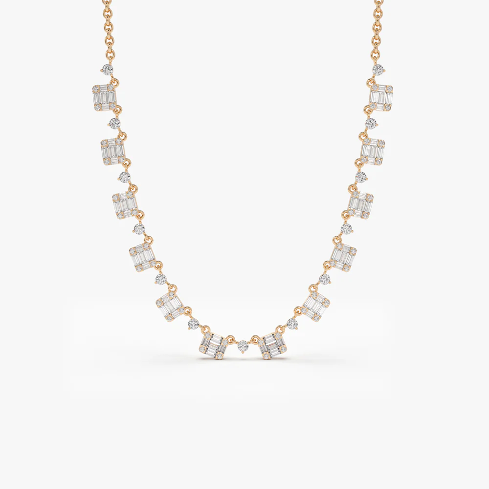 14k Solid Gold Illusion Setting Baguette Diamond Statement Necklace - Image 4