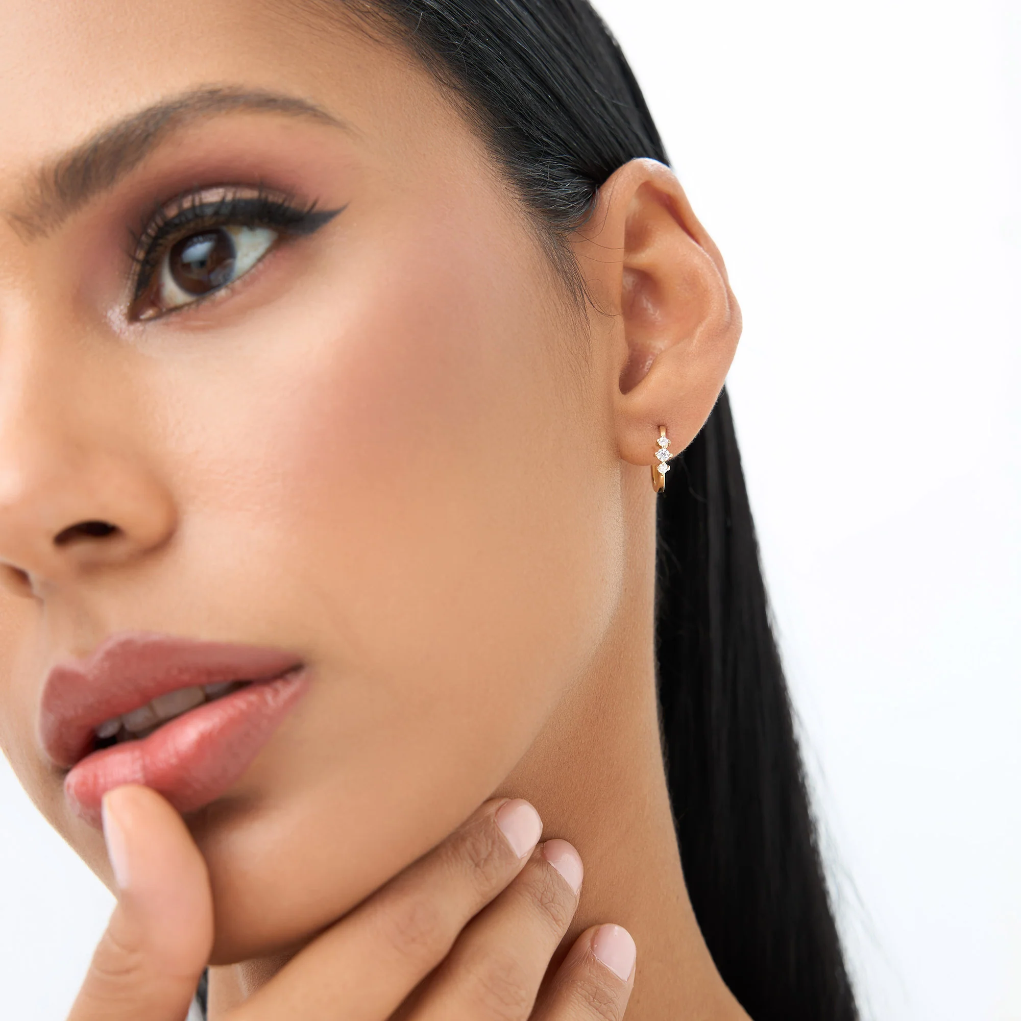 14k Three Stone Mini Diamond Huggies - Image 4