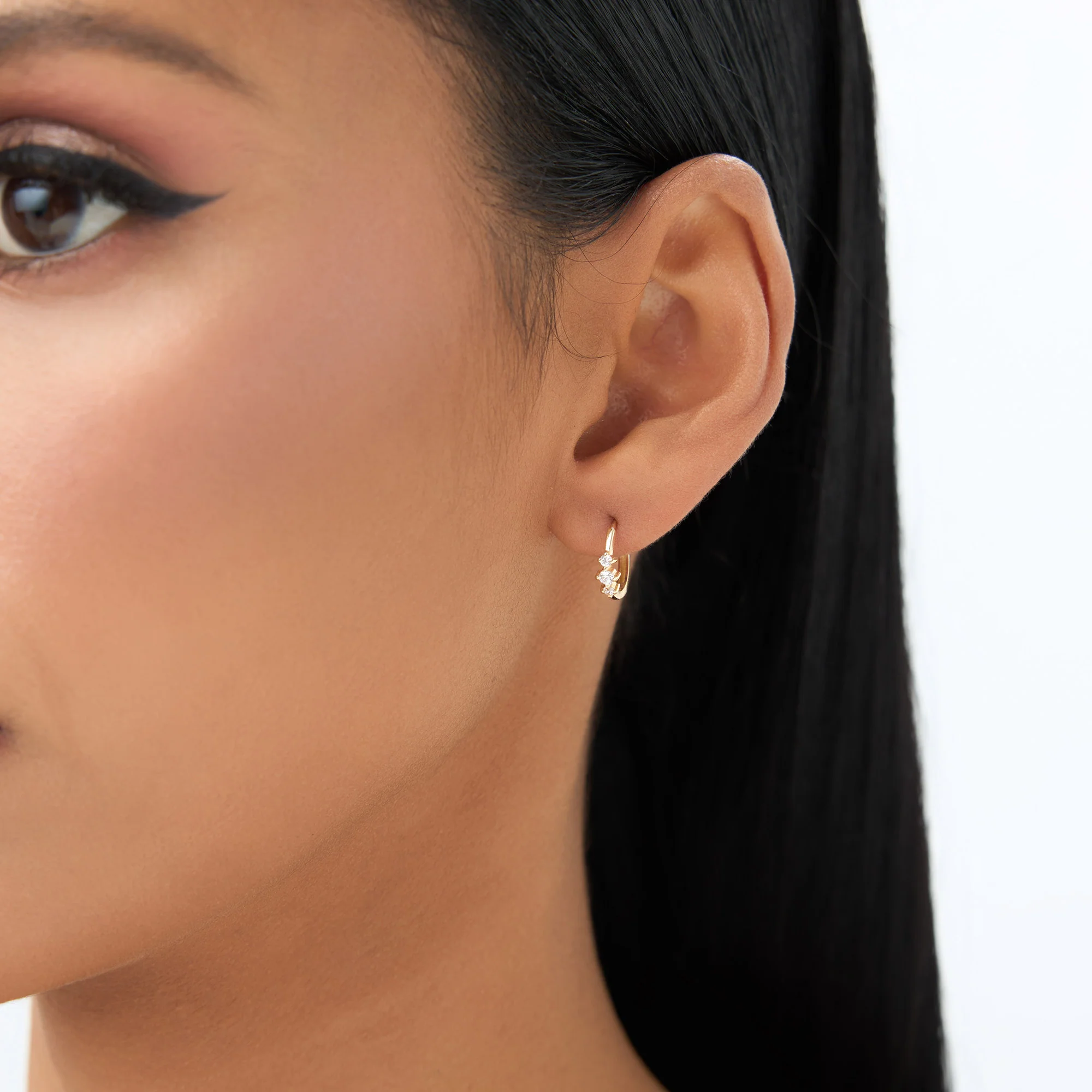 14k Three Stone Mini Diamond Huggies - Image 5