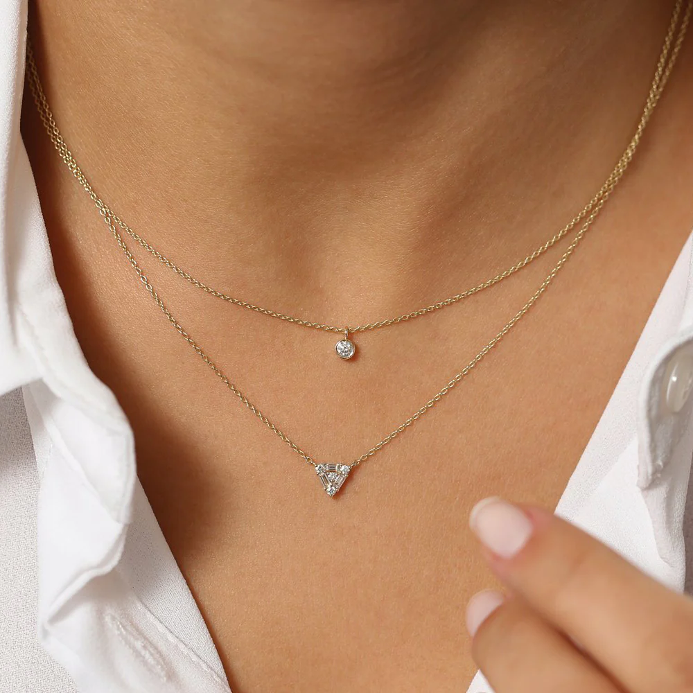 14k Triangle Shaped Round and Baguette Diamond Necklace - Image 3