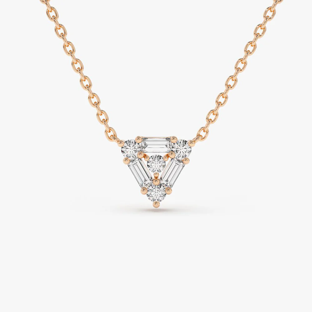 14k Triangle Shaped Round and Baguette Diamond Necklace - Image 4