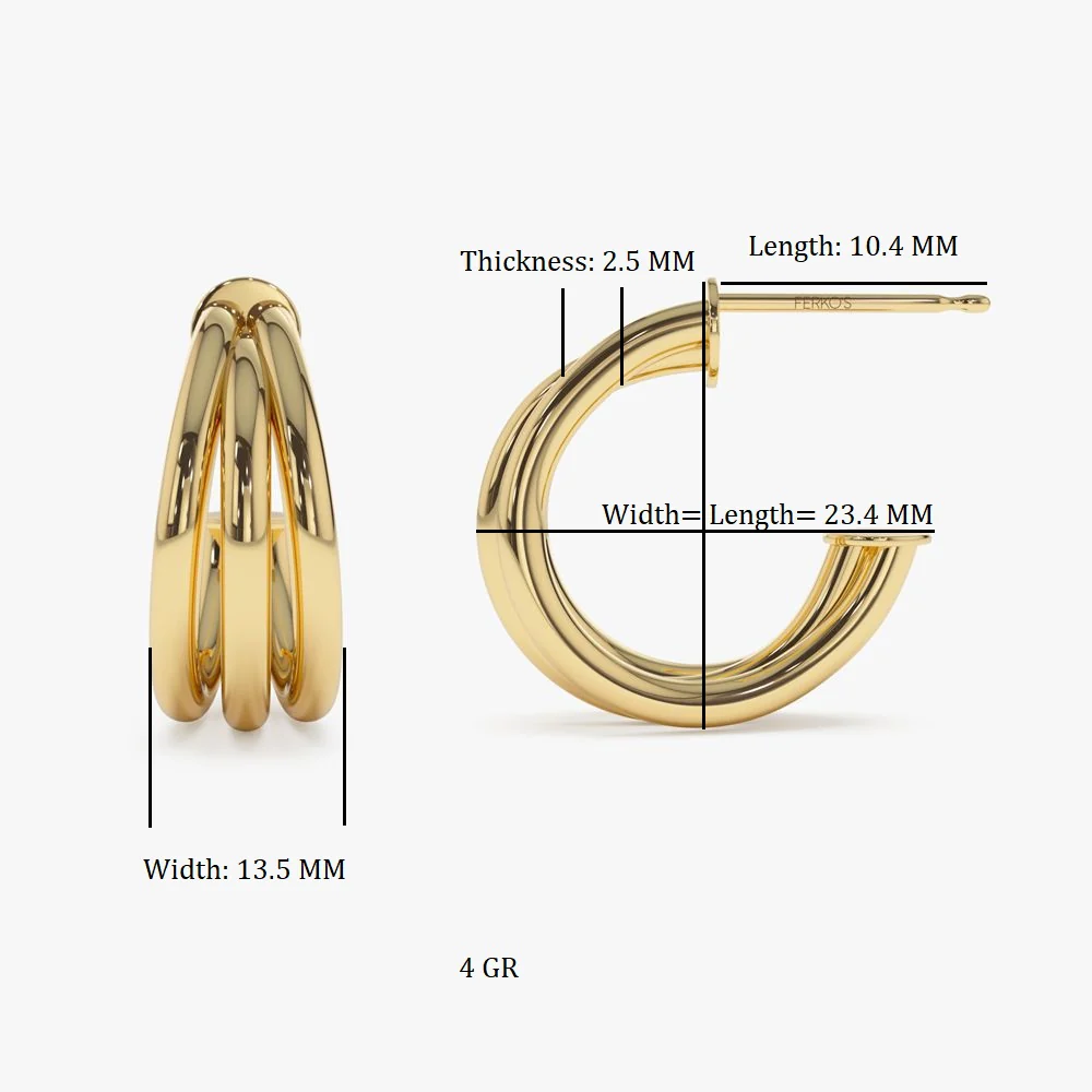 14k Triple Row Hoop Earrings - Image 6