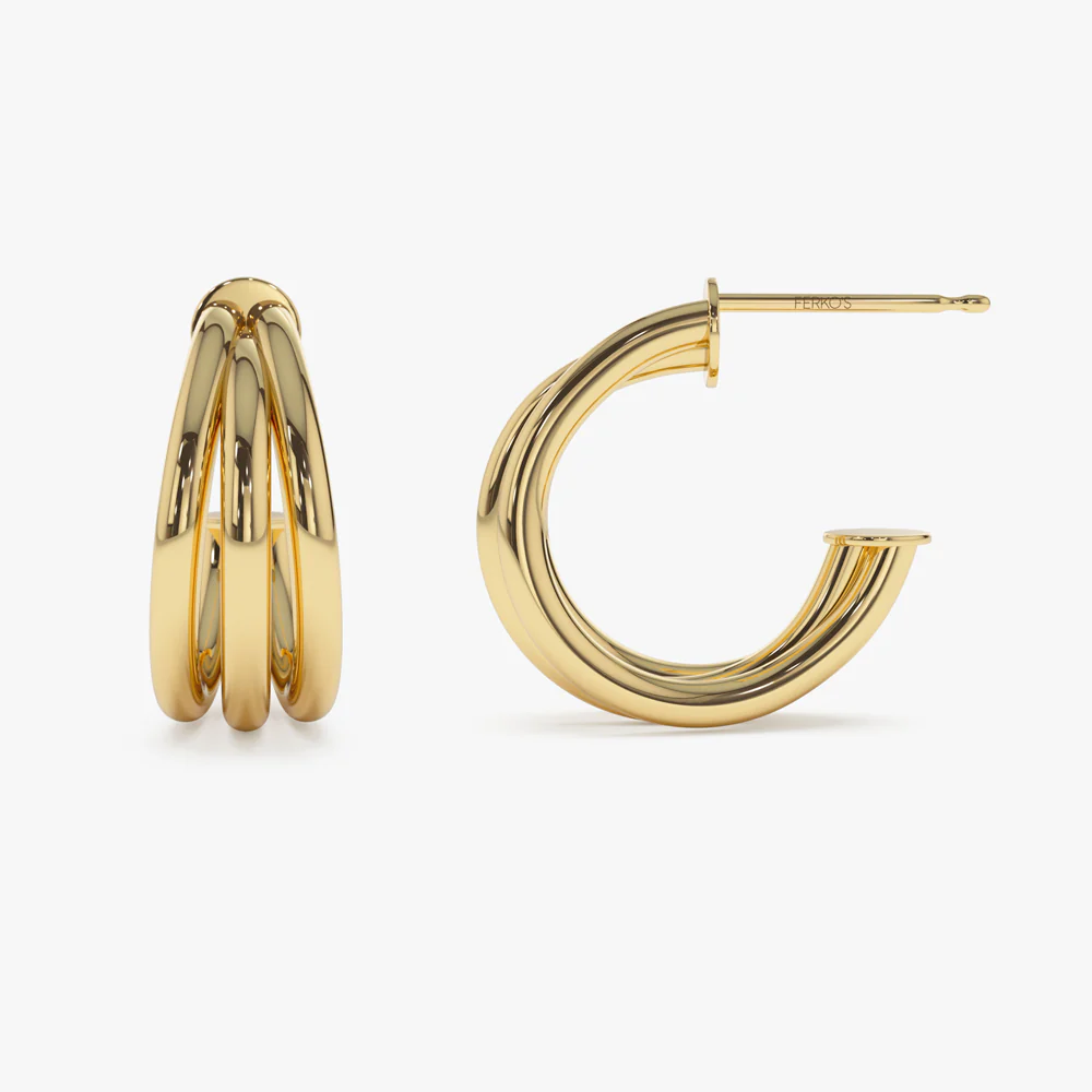 14k Triple Row Hoop Earrings - Image 8