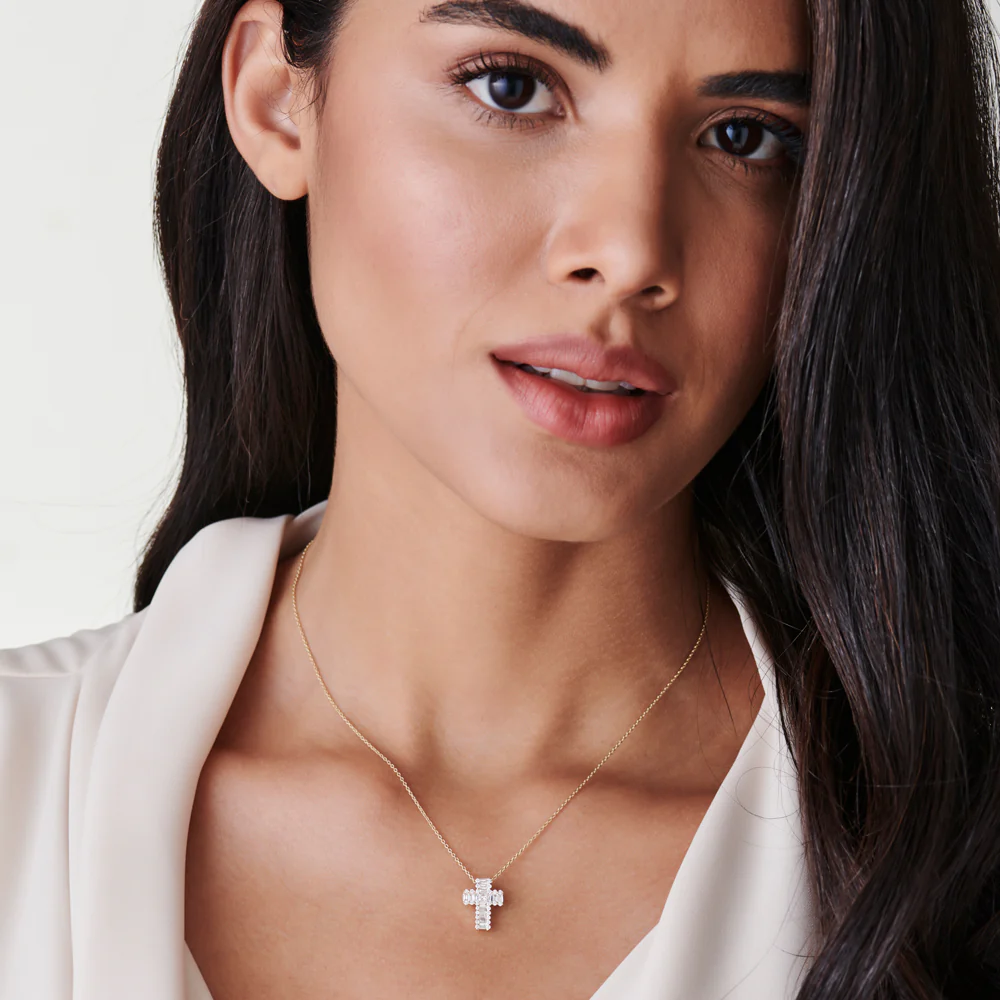 14k Unique Cross with Baguettes and Round Diamonds - Image 4