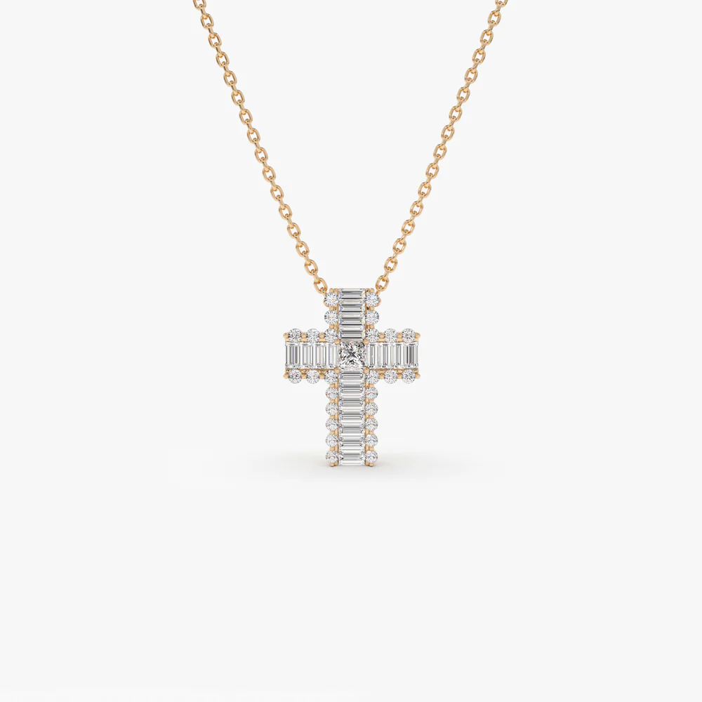 14k Unique Cross with Baguettes and Round Diamonds - Image 6