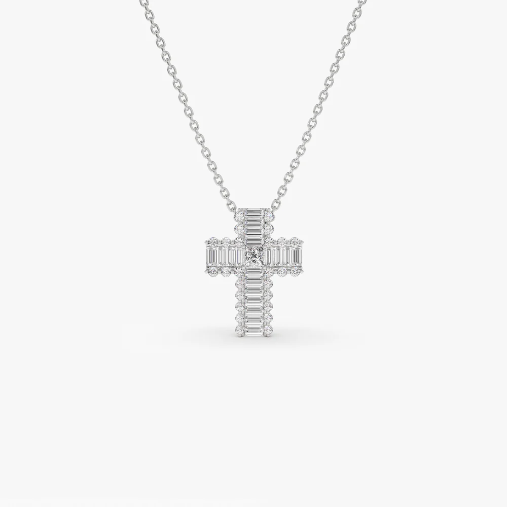 14k Unique Cross with Baguettes and Round Diamonds - Image 7