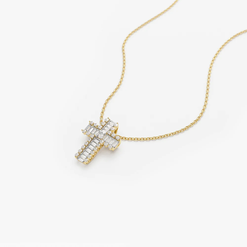 14k Unique Cross with Baguettes and Round Diamonds - Image 8