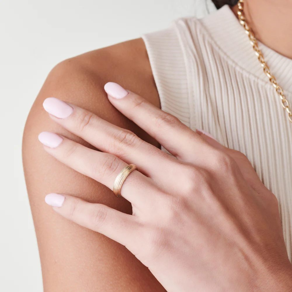 14k Unique Multi Lined 5MM Dome Gold Ring - Image 4