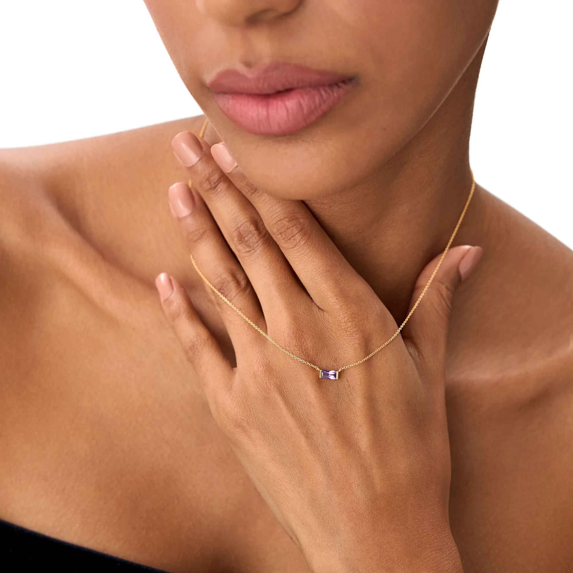 14Kt Gold Baguette Amethyst Dainty Birthstone Necklace - Image 3