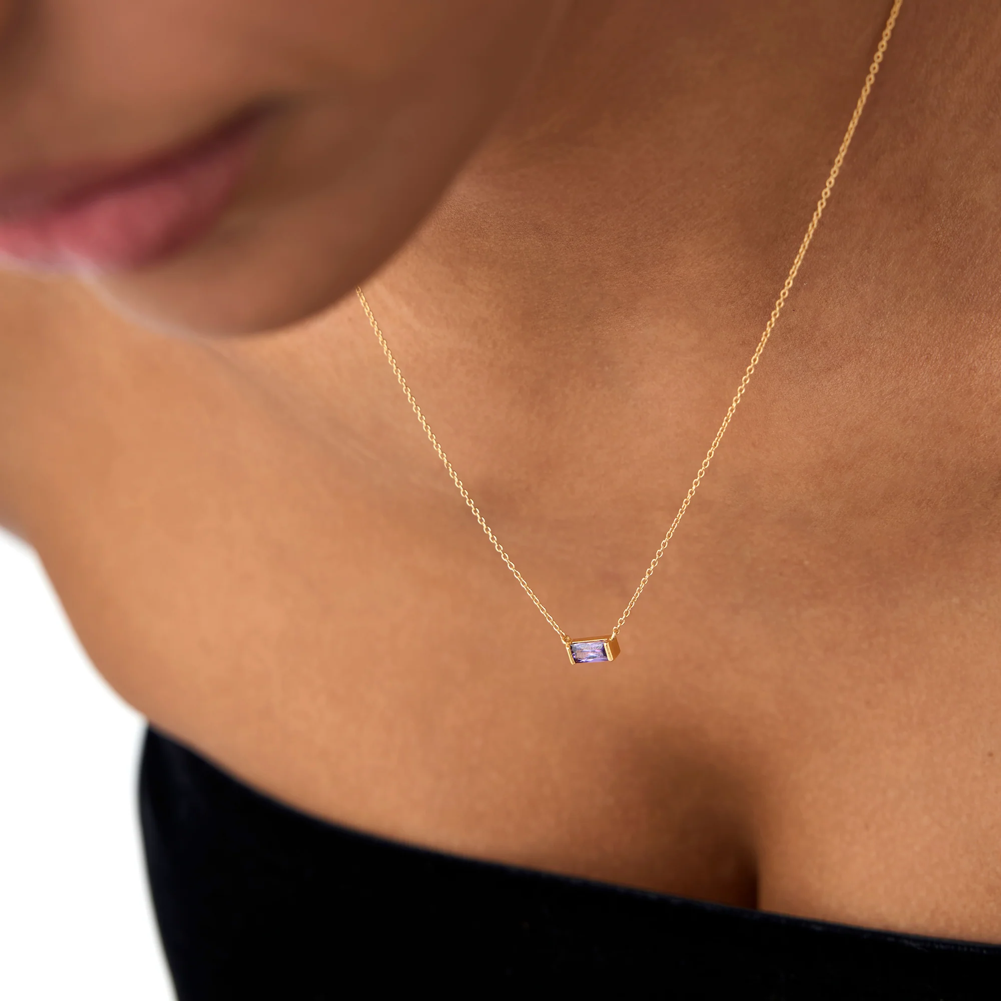 14Kt Gold Baguette Amethyst Dainty Birthstone Necklace - Image 4