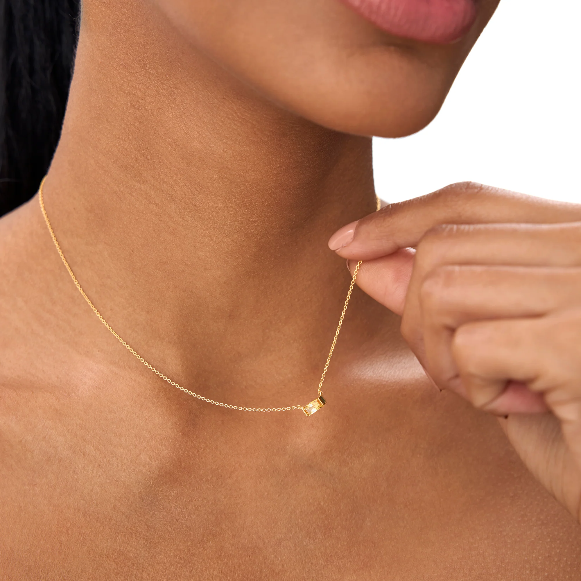 14Kt Gold Baguette Citrine Dainty Birthstone Necklace - Image 3