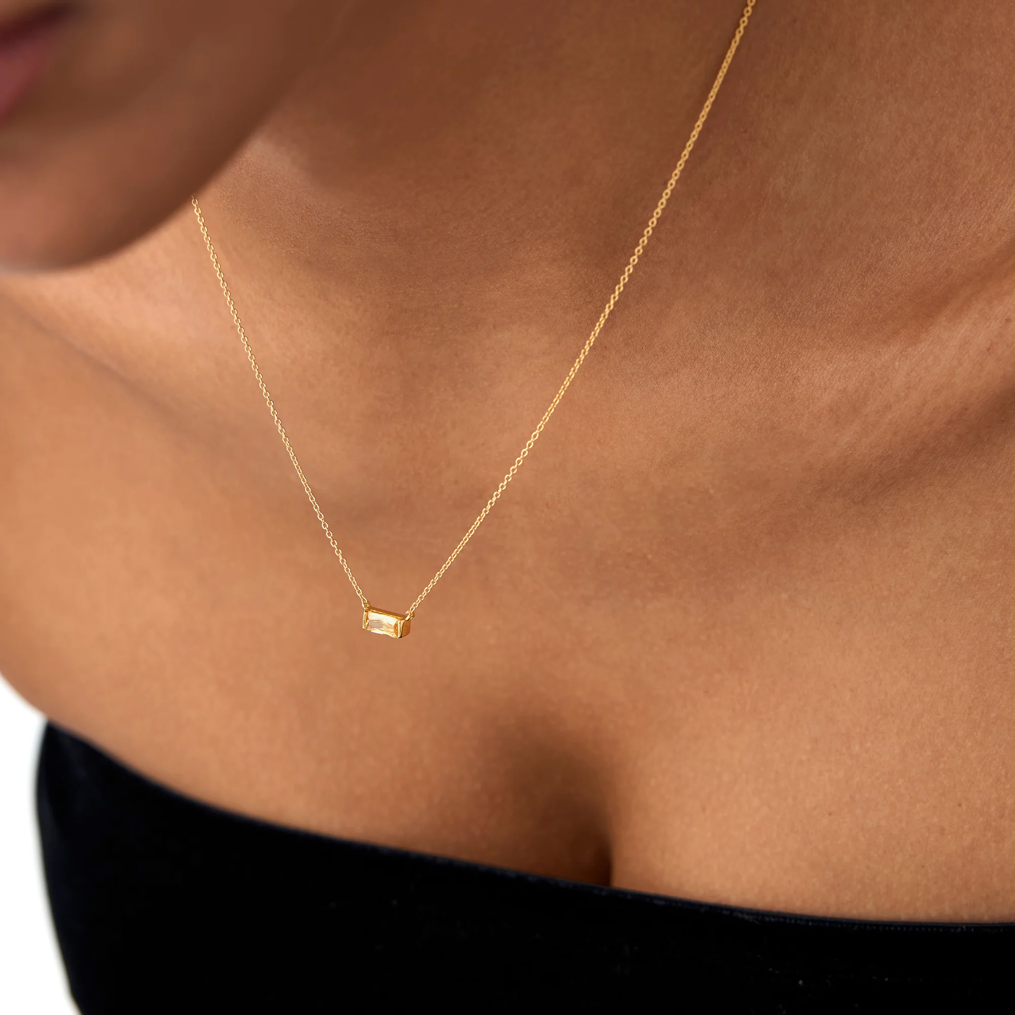 14Kt Gold Baguette Citrine Dainty Birthstone Necklace - Image 5