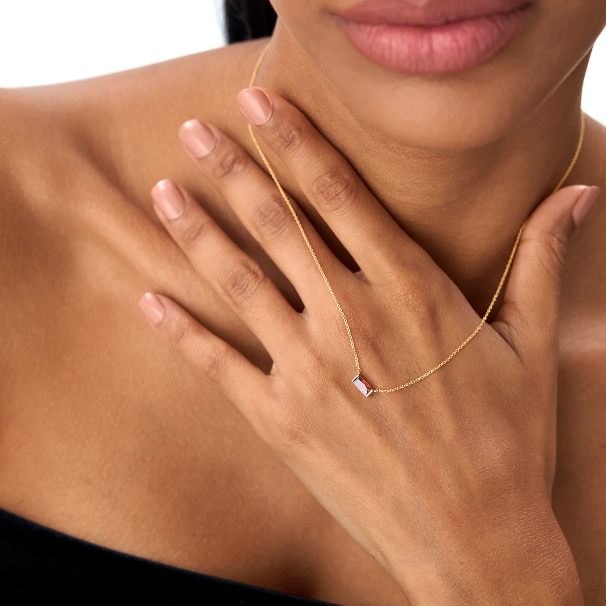 14Kt Gold Baguette Garnet Dainty Birthstone Necklace - Image 3