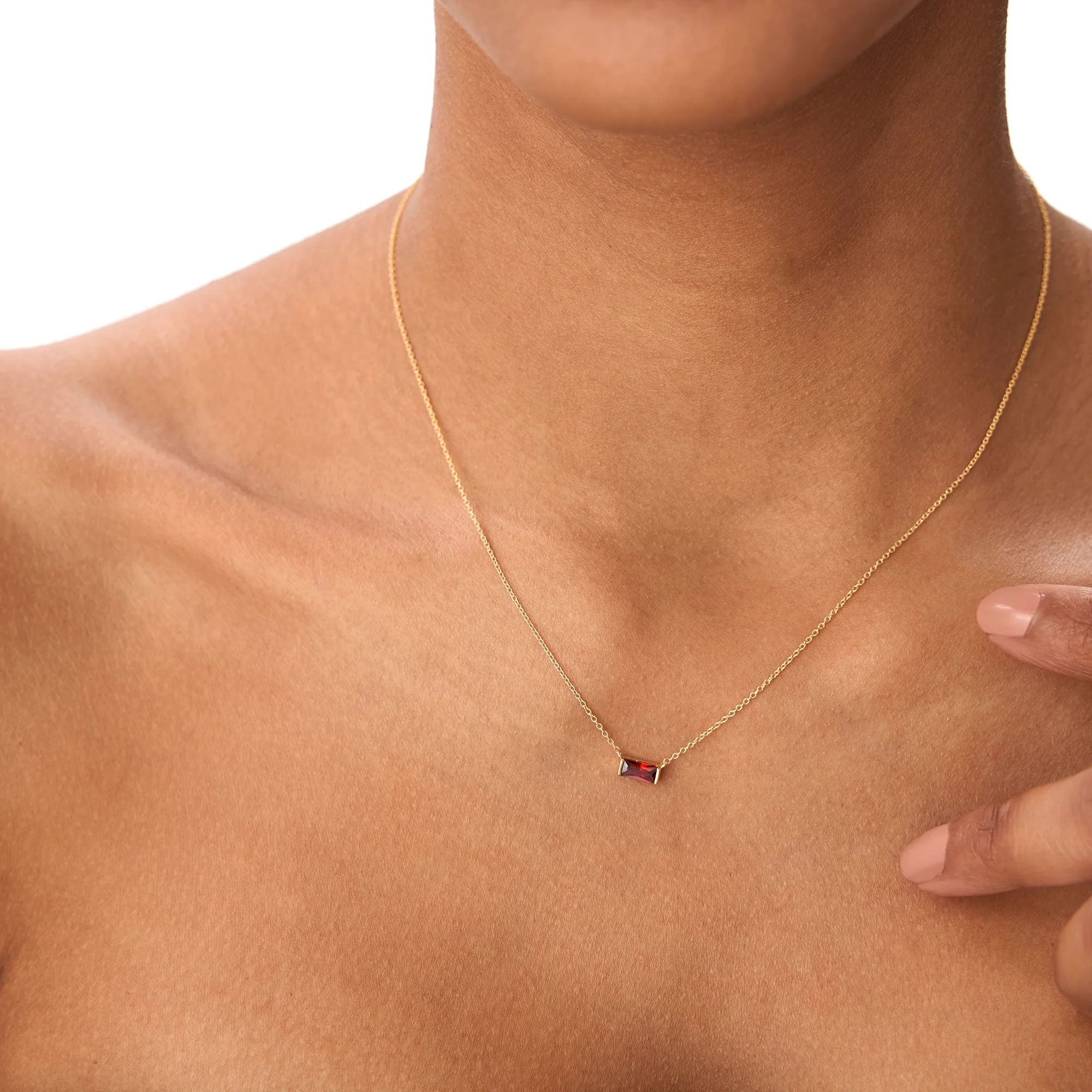 14Kt Gold Baguette Garnet Dainty Birthstone Necklace - Image 4