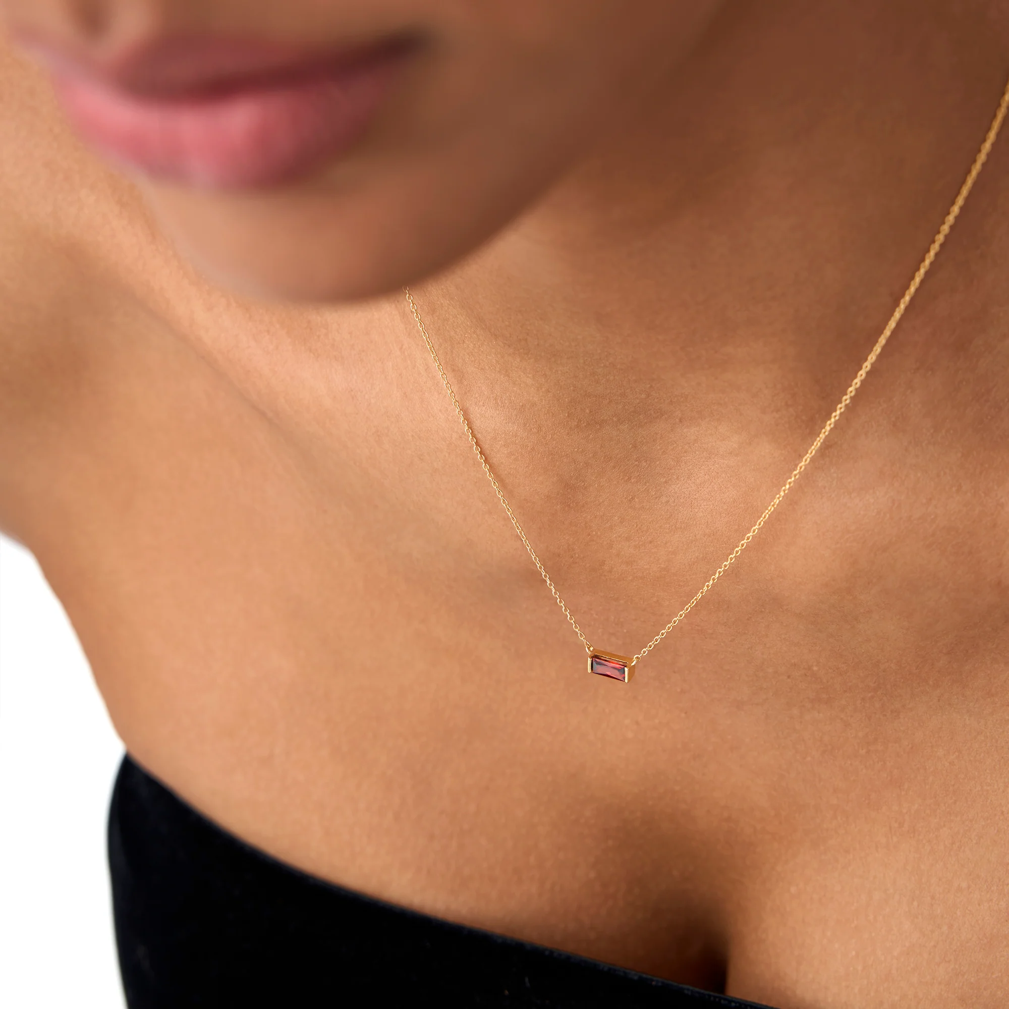 14Kt Gold Baguette Garnet Dainty Birthstone Necklace - Image 5