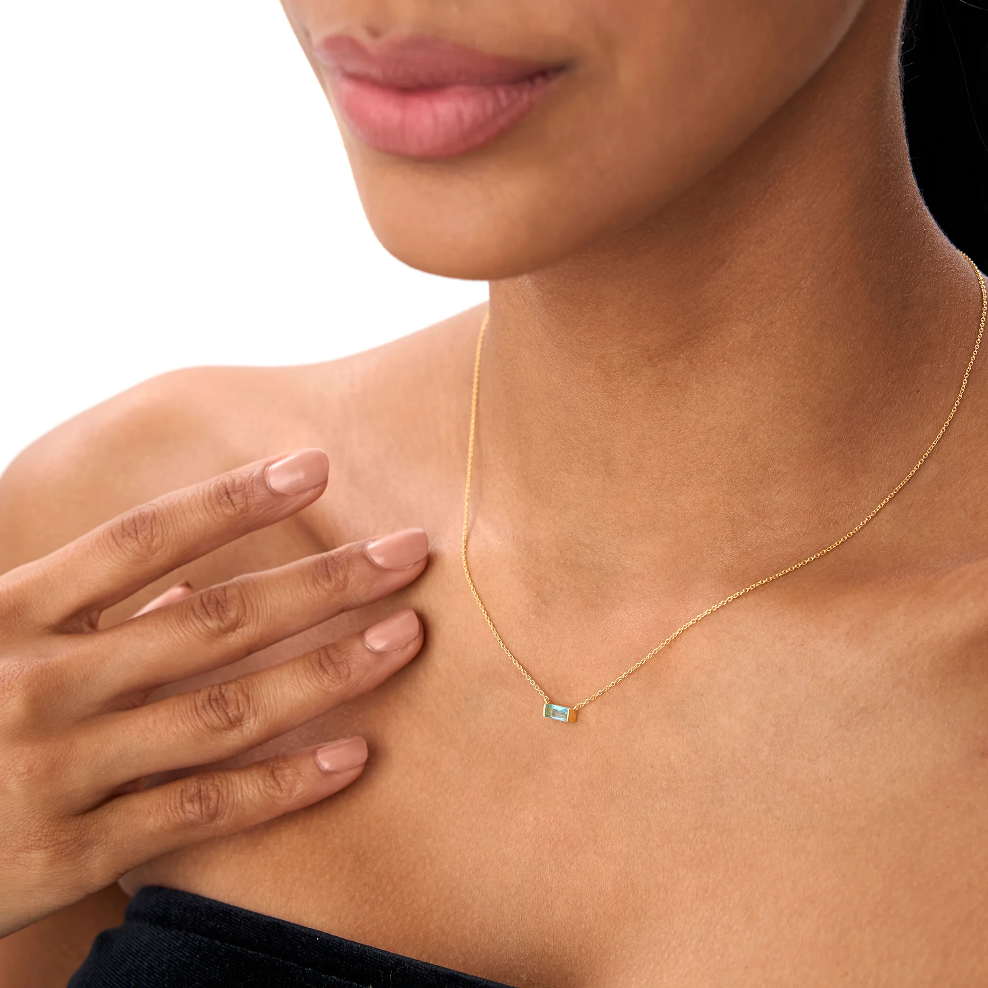 14Kt Gold Baguette London Blue Topaz Dainty Birthstone Necklace - Image 4