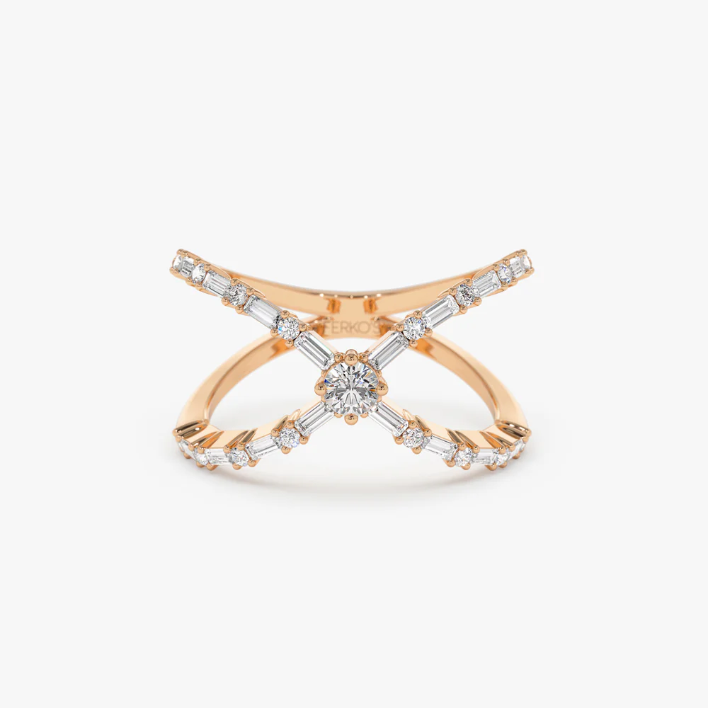 Baguette & Round Diamond Crisscross Ring in 14k Gold - Image 7