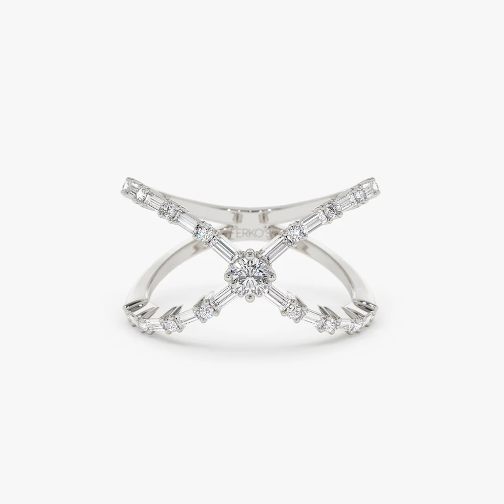 Baguette & Round Diamond Crisscross Ring in 14k Gold - Image 8