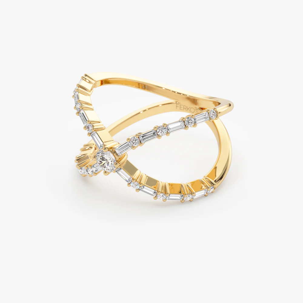 Baguette & Round Diamond Crisscross Ring in 14k Gold - Image 9