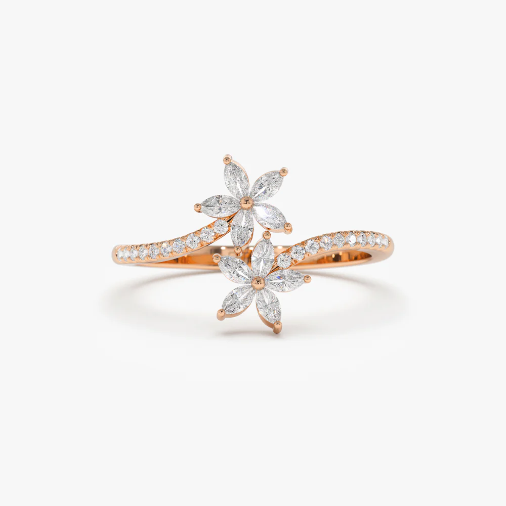 Marquise Diamond Flower Bypass Ring in 14k - Image 6